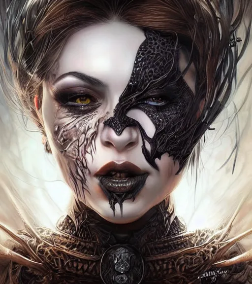 Image similar to a higly detailed full body shot and face portrait painting of a grim female sorceress with piercing eyes beautiful eyes, dynamic lighting, ambient lighting, deviantart, art by artgerm and karol bak and mark brooks