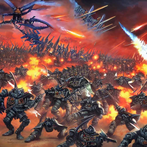 Image similar to Battle of the Imperial Guard on the planet against the Tyranids, Warhammer 40,000, Artist - Phil Moss