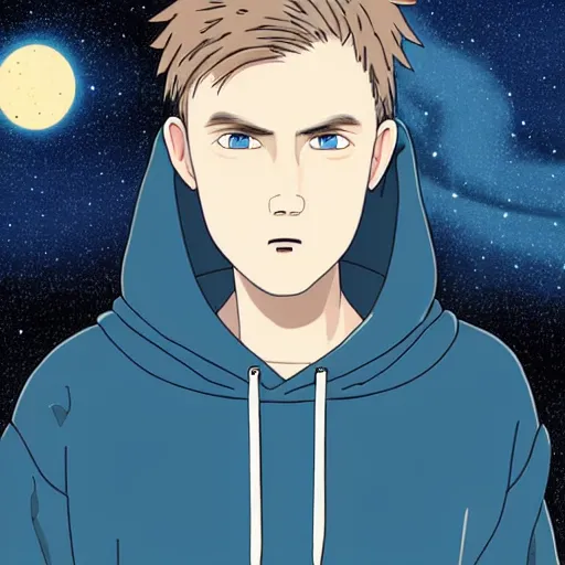 Prompt: Guy with dark blonde hair and blue eyes wearing a hoodie in space, Spirited away, astonishing background, detailed face, centred