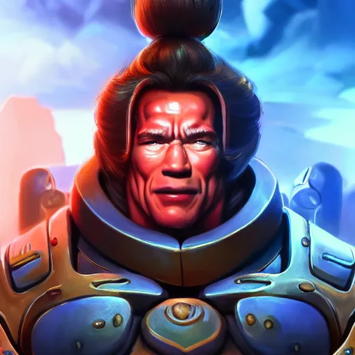 Image similar to a screenshot of arnold schwarzenegger as mei in overwatch, portrait, fantasy, beautiful face, vivid colors, elegant, concept art, sharp focus, digital art, hyper - realistic, 4 k, unreal engine, highly detailed, hd, dramatic lighting by brom, trending on artstation