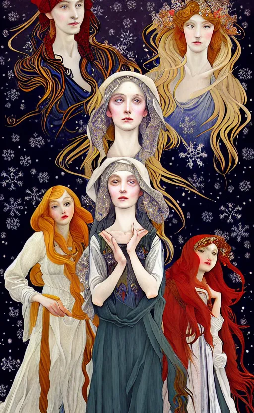 Image similar to 3 Figures as Winter Spirits, style is a blend of Ivan Bilibin, Botticelli, and John Singer Sargent, inspired by pre-raphaelite paintings, shoujo manga, and Slavic folk fairytale aesthetic, dark and moody colors, hyper detailed, super fine inking lines, 4K extremely photorealistic digital art