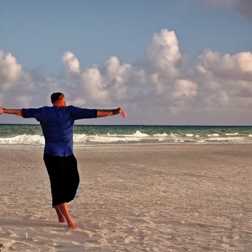 Image similar to artistic representation of a happy man dancing alone in aruba on the beach