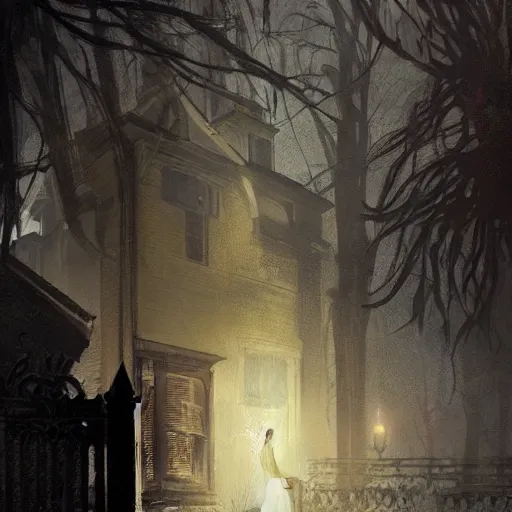 Image similar to a ghost outside a haunted victorian house, horror, greg rutkowski