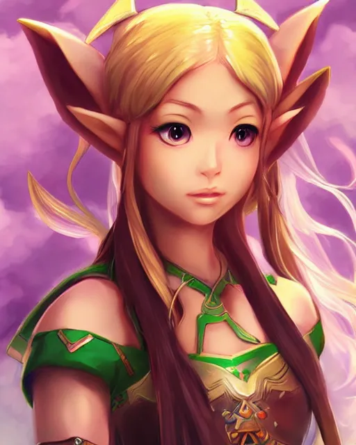 Prompt: Elf Princess Legend of Zelda anime character digital illustration portrait design by Ross Tran, artgerm detailed, soft lighting