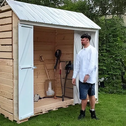 Image similar to man in a white dress builds a wooden shed out of pallets