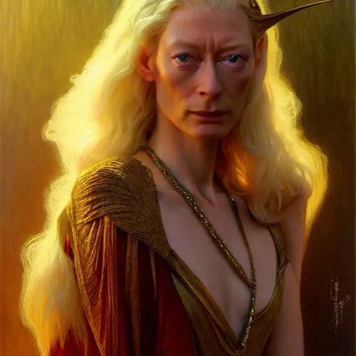 Image similar to young adult tilda swinton as lucifer morningstar, long blond hair, natural lighting, path traced, highly detailed, high quality, digital painting, by gaston bussiere, craig mullins, alphonse mucha j. c. leyendecker