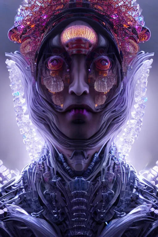 Image similar to asura from chinese myth, ghost, gorgeous and huge head ornaments, dystopian, cyberpunk, organic fractal mycelum and fungi, mecha, halfturn portrait of a big crystal face made of crystals half - turn, ominous, intricate, studio, art by anthony macbain + greg rutkowski + alphonse mucha, concept art, 4 k, sharp focus