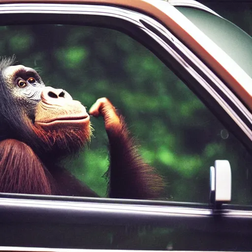 Prompt: a chimpanzee driving a car, an orangutan passenger, it's raining on the windows, Fujifilm Quicksnap 400