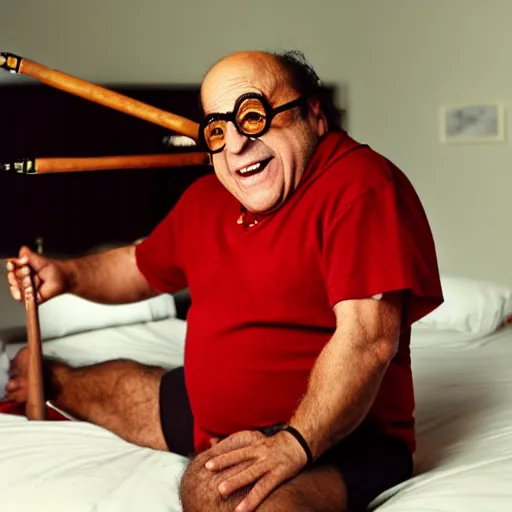 Prompt: Danny DeVito on a bed playing with his didgeridoo, cinematic, Dr. Eggman studio light, 8K