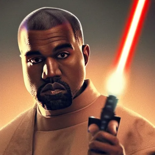 Image similar to Portrait of Kanye West as a jedi in Star Wars, holding lightsabre. splash art, cinematic lighting, dramatic, octane render, long lens, shallow depth of field, bokeh, anamorphic lens flare, 8k, hyper detailed, 35mm film grain