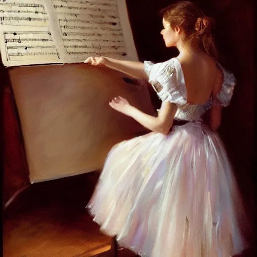 Prompt: Elegant girl with sheet music on her skirt, painted by Vicente Romero Redondo, highly detailed