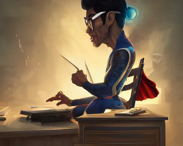 Image similar to an insanely detailed painting of a nerdy asian man wearing a superhero costume, sitting at a desk, staring at the nervously at the computer and typing, in the style of peter mohrbacher, dramatic lighting and composition, octane render, pixar, trending on artstation, concept art, comic book, view from behind