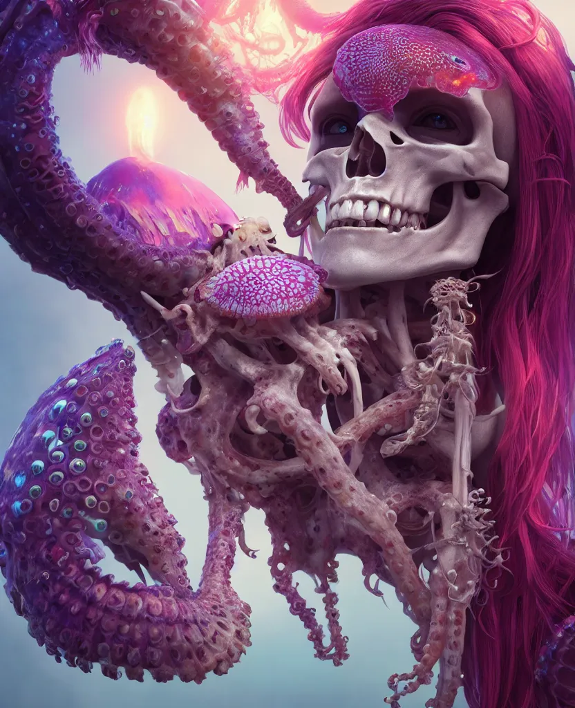 Image similar to goddess close - up portrait human skeleton, ram skull, squid phoenix jellyfish, orchid, betta fish, bioluminiscent, intricate artwork by tooth wu and wlop and beeple. octane render, trending on artstation, greg rutkowski very coherent symmetrical artwork. cinematic, hyper realism, high detail, octane render, 8 k