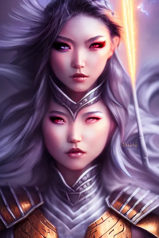 Image similar to sakimi chan, fantasy armor, detailed face, white skin, dramatic lighting, tony sart, wind, lightning