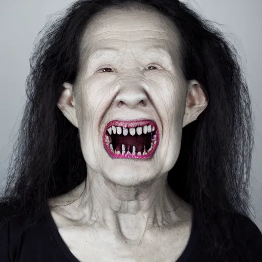 Image similar to a frontal studio headshot photograph of an elder demon resembling a large lily asiatic with teeth.