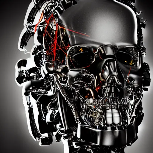 Image similar to extremely detailed portrait of a terminator's head, packed with cybernetics and and borg enhancements and has lit optic fibers inside. In a forest with bokeh. No plating.