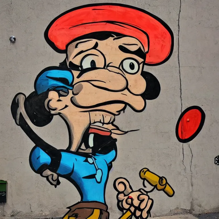 Prompt: Street-art portrait of Popeye the Sailor with the squinting (or entirely missing) right eye, huge forearms with two anchor tattoos, skinny upper arms, and corncob pipe. in style of Edward Hopper, comic character, photorealism