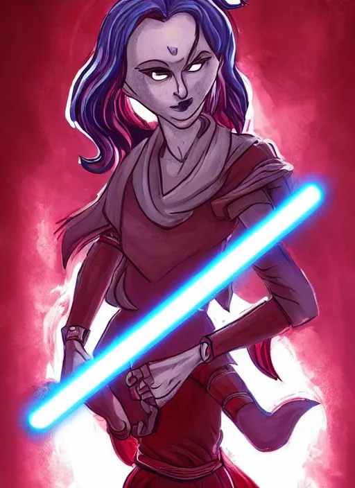 Prompt: comic style the moon character with evil emotion is holding a Jedi red sword in her hands artstation