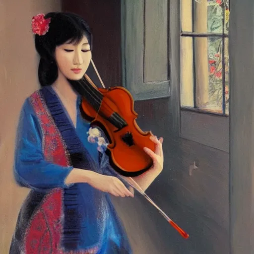 Image similar to painting of beautiful asian woman playing violin in front of a window