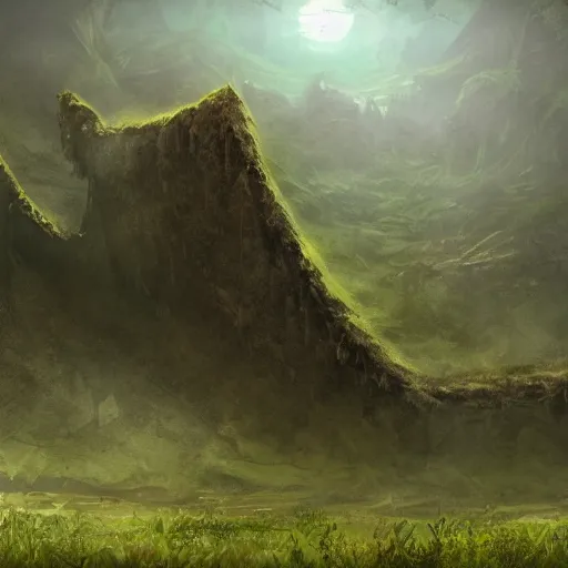 Image similar to the remains of a dead giant laying across a valley, concept art, natural, plains, green overgrown, fantastical