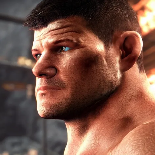 Image similar to character screenshot of ufc commentator michael bisping with an eye patch, npc talking, skyrim, wilderness, 1 0 8 0 p, bokeh, elder scrolls v, detailed, dialog text