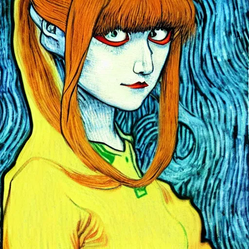 Image similar to tomie originally by junji ito instead in the style of vincent van gogh, oil on canvas