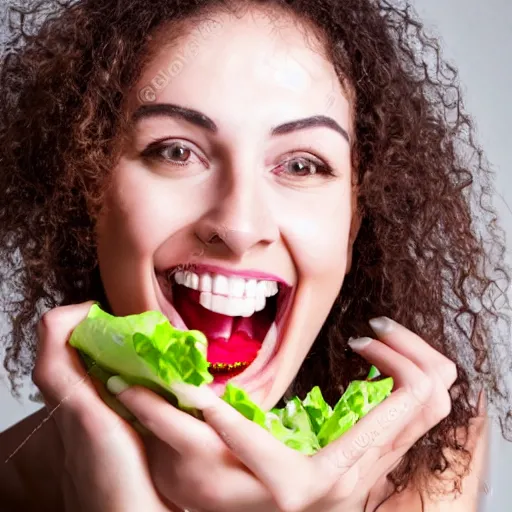 Image similar to happy woman eating salad, stock photograph, studio lighting, 4k, beautiful symmetric face, beautiful gazing eyes