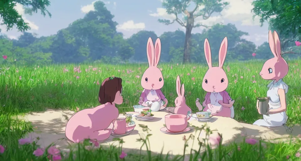 Prompt: 3 pink and teal colored bunnies having a tea party, by studio ghibli, makoto shinkai, cryengine 8 k uhd, beautiful nature anime illustration