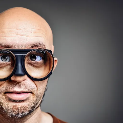 Prompt: portrait photo of a bald wrinkly yellow man with stubble wearing thick round goggles and big hazel eyes, he looks like a human minion hybrid, moody lighting, realistic facial features, hyper detailed, crlear image, leica, 2 4 mm lens