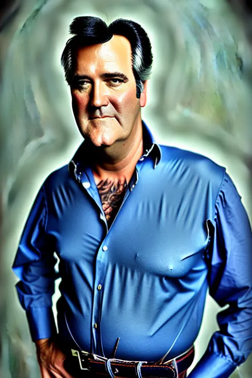 Prompt: full length portrait of Bruce Campbell in blue poecho belted shirt, fashion studio lighting, 35mm, close-up