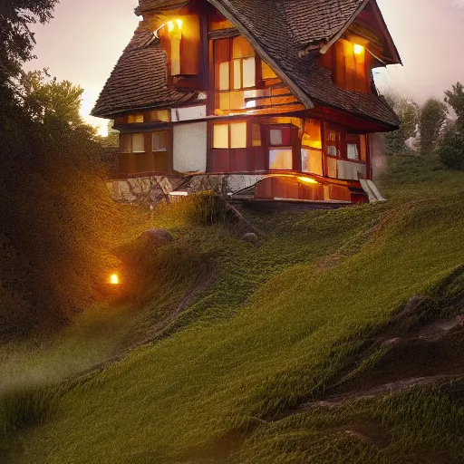 Prompt: small hillside house made of honey, modern lighting, hyper - realistic, hyper - detailed, 8 k, octane rendered, art nouveau, organic, flowing, impossible torsion, writhing, dynamic