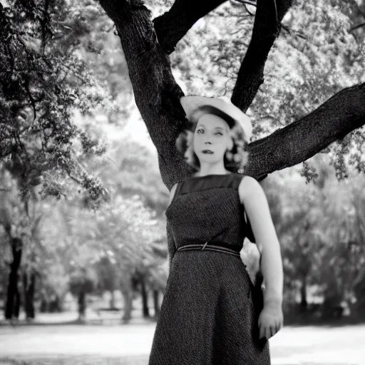 Image similar to a woman standing next to a tree in a park, a character portrait by edward simmons, tumblr, naturalism, movie still, character, photo