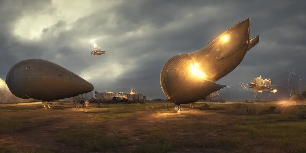 Prompt: highly detailed an airship that flies through a storm and shines into the sky with searchlights and it has spldaten on it, the pratolire next to it are flying somewhat smaller airships that are about to crash and burn, 4 k, photorealistic, unreal 5