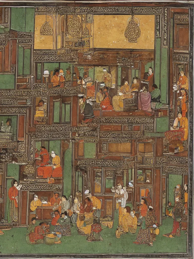 Prompt: ornate mughal painting of a Starbucks cafe