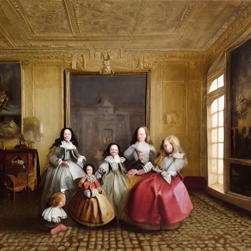 Prompt: super quality family portrait in the main room of the castle painted in 1 6 5 6, dark room, one point of light coming through the window inspired by las meninas, clear spaces between each subject and good detail and realistic eyes, faces for each person in the canva, inspired by diego velasquez baroque style, hdr