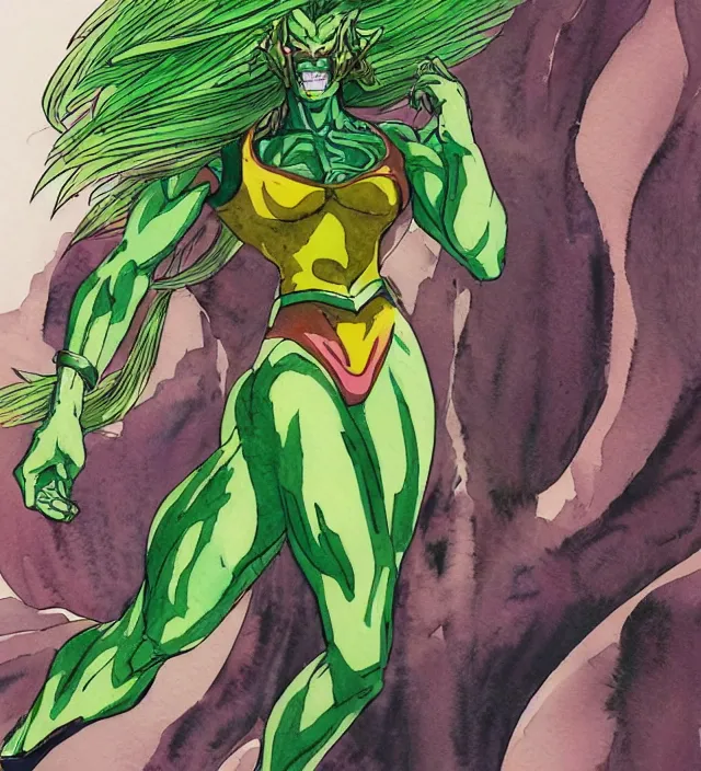 Image similar to a 3 / 4 view watercolor ink painting of broly as a female supervillain in the style of jean giraud in the style of moebius trending on artstation deviantart pinterest detailed realistic hd 8 k high resolution