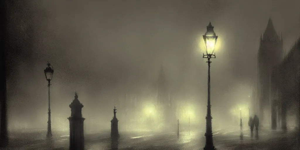 Image similar to victorian london, fog, night, digital art by chris cold, - h 6 4 0