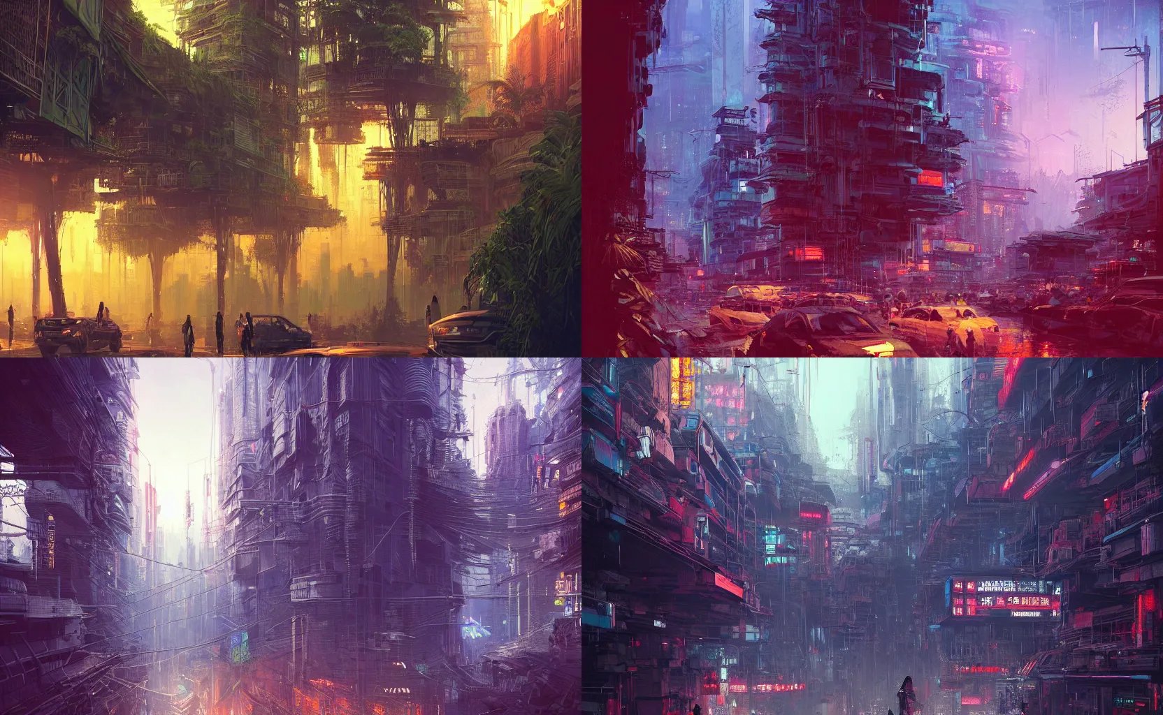 Prompt: a beautiful detailed architecture art of cyberpunk landscape and hundreds of people are in the middle of tropical jungle by alena aenami, by greg rutkowski, hyper realistic, dynamic lighting, concept art, vibrant, detailed environment, grunge aesthetic, clean, sharp, trending on artstation