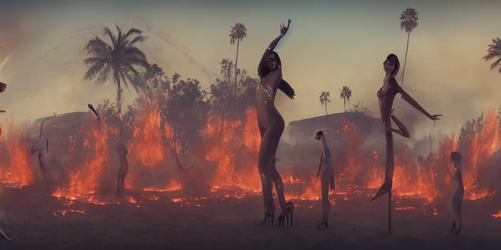 Prompt: realistic cinematic views of a orwellian coachella with wildfires in the background and dead seagulls falling from the sky in front of the main stage worshipping a large statue of kim kardashian and kylie jenner, hyper detailed, terror glows, hyper realistic, digital painting, 8 k, 3 5 mm film grain, octane render