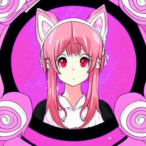 Image similar to digital card art of anime (cat) girl with cat ears surrounded by magic circles. Pink hue. Highly detailed. Beautiful