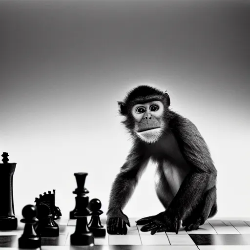 Image similar to black and white portrait photo of a monkey scratching his head, looking at a chess board, confused, annie liebovitz,