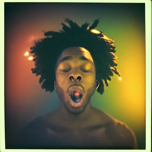 Prompt: portrait of black man having an orgasm eyes close, colorized neon lights, explosion of light, hyperealistic detailed photography polaroid, 5 0 mm lens, motion blur, grainy image