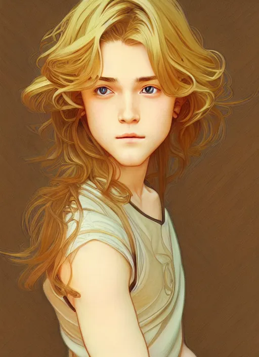 Image similar to pretty young man with shoulder length shiny shimmering golden blond hair, path traced, highly detailed, high quality, digital painting, by studio ghibli and alphonse mucha, leesha hannigan, disney