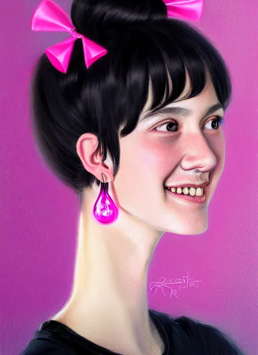 Image similar to portrait of teenage girl, realistic, black hair, bangs, half updo hairstyle, pointy nose, skinny, smile, ugly, defined jawline, big chin, pink hair bow, earrings, intricate, elegant, glowing lights, highly detailed, digital painting, artstation, sharp focus, illustration, art by wlop, mars ravelo and greg rutkowski