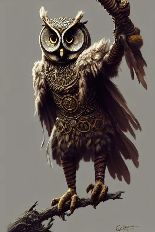 Prompt: a anthropomorphic owl warrior, diffuse lighting, fantasy, intricate, elegant, highly detailed, lifelike, photorealistic, digital painting, artstation, illustration, concept art, smooth, sharp focus, naturalism, trending on byron's - muse, by greg rutkowski and greg staples