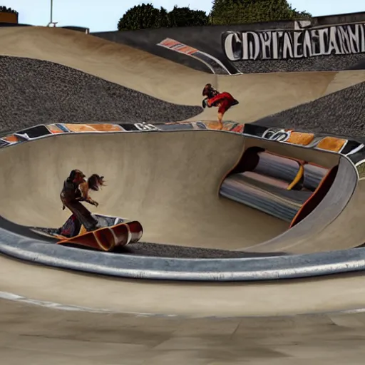 Prompt: roman chariot racing in a skate park half-pipe, tony hawk pro skater game cover