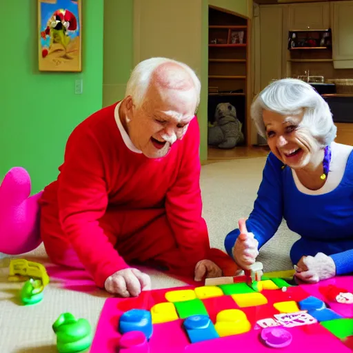 Image similar to a couple of grandparents playing kids games and wearing teletubbies costumes