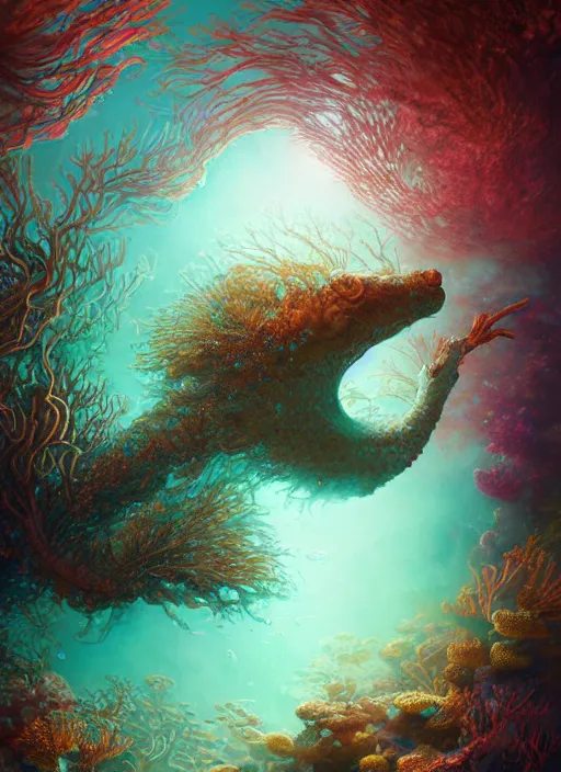 Prompt: serene underwater creature, corals, seaweed, extremly detailed digital painting, vibrant colors, in the style of tomasz alen kopera and fenghua zhong and peter mohrbacher, mystical colors, rim light, beautiful lighting, 8 k, stunning scene, raytracing, octane, trending on artstation