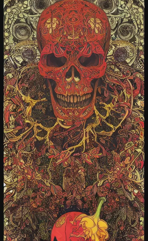 Prompt: intricate skull of a crow, background are varities of superhot chili peppers, bhut jolokia, carolina reaper, trinidad scorpion, voronoi, fibonacci sequence, leaves, by Moebius, Alphonse Mucha, peter mohrbacher, hiroshi yoshida, Art Nouveau, skate art, cgsociety, complementary colour scheme, psychedelic, complementary colour scheme, 3d