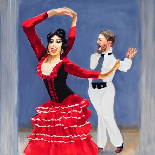 Image similar to mr. jones strikes up a conversation with a black - haired flamenco dancer realistic
